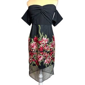Soieblu Black Red Rose Embroidered Sheer Bodycon Off the Shoulder Dress L Y2K